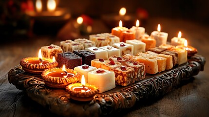 A beautiful arrangement of sweets and candles, perfect for festive celebrations and cozy gatherings, radiating warmth and joy.