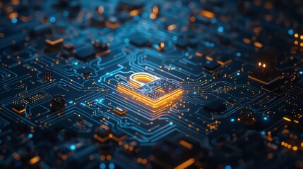 Glowing padlock symbol on a circuit board, representing digital security.