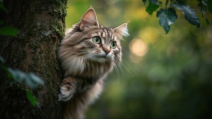 Obraz premium A close-up of a cat perched on a tree, gazing thoughtfully into the distance.