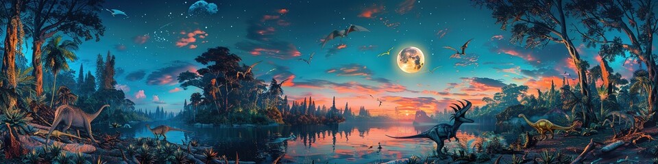 Naklejka premium Forest Lake Surrounded by Lush Trees Reflecting in Water, Panoramic view