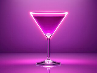 Martini glass glowing with purple liquid, set on a reflective surface in a digital lounge, Futuristic, Neon lighting, Hyper-realistic