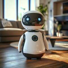Friendly cute AI robot helper servant in home. Generative AI. 