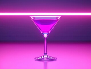 Martini glass glowing with purple liquid, set on a reflective surface in a digital lounge, Futuristic, Neon lighting, Hyper-realistic