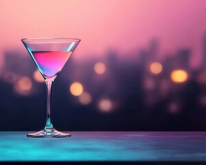 Martini glass placed on a cyberpunk bar counter, glowing purple and blue liquid, with futuristic city lights in the background, Cyberpunk, Neon, High-detail