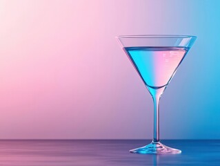 Martini glass with clear liquid, AI-driven interface floating around, high-tech bar setting, Futuristic, Neon lighting, Blue tones