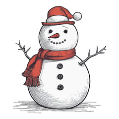 Snowman illustration in hachure style with red hat, scarf, carrot nose, and stick arms
