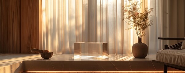 Transparent acrylic pedestal with a modern design, highlighted by soft lighting.