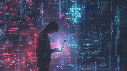 Silhouette of a person using a laptop with glowing digital data in the background.