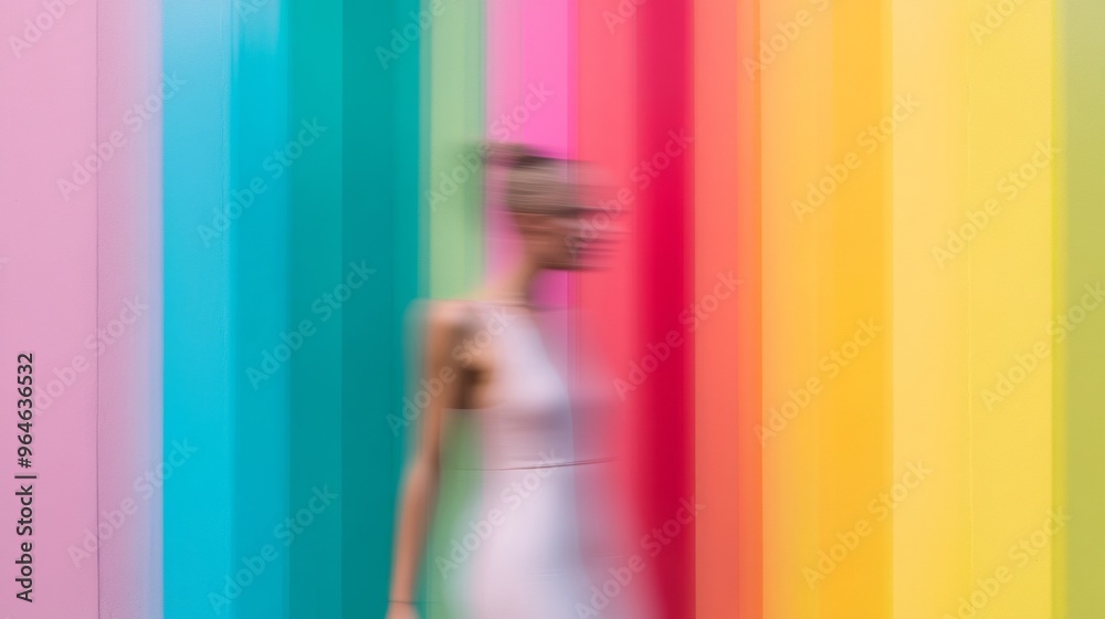 Poster Blurred Fashion Model with Vibrant Multicolored Background in High Definition Symmetrical Abstract Style
