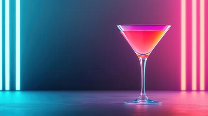 Martini glass glowing with vibrant neon colors, set in a futuristic lounge, holographic visuals around, Sci-fi, Neon, High-detail