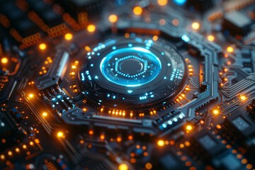 Close-up of a glowing microchip on a high-tech circuit board with illuminated red pathways, futuristic technology concept