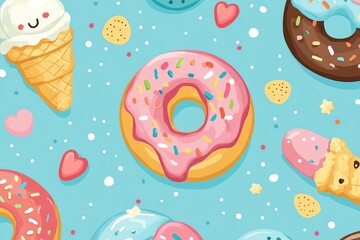 Colorful pattern featuring donuts, ice cream, and hearts on a bright blue background, perfect for sweet treats and desserts.