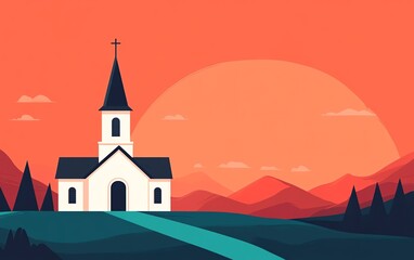 Fototapeta premium Silhouette of a church at sunset with mountains in the background.