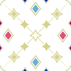Obraz premium Seamless pattern with stars and colorful rhombus. Vector classic, lattice illustration, wallpaper, paper, textile, fabric. White background.