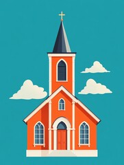 Red brick church building with steeple and cross against a blue sky with clouds.