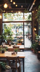 Fototapeta premium Empty wooden table in a cafe with natural lighting and plants.