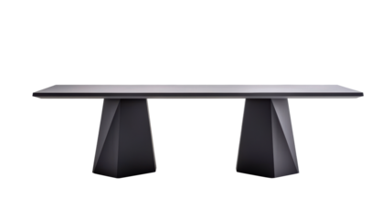 Minimalist dining table featuring a geometric double base with sleek, angular shapes. This modern piece enhances any interior with its clean lines. Isolated on transparent background, png.