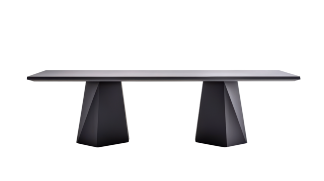 Minimalist dining table featuring a geometric double base with sleek, angular shapes. This modern piece enhances any interior with its clean lines. Isolated on transparent background, png.