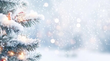 Christmas tree with snow decorated with garland lights, Christmas, New year, winter holiday festive background