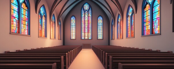 Empty church pews with stained glass windows.