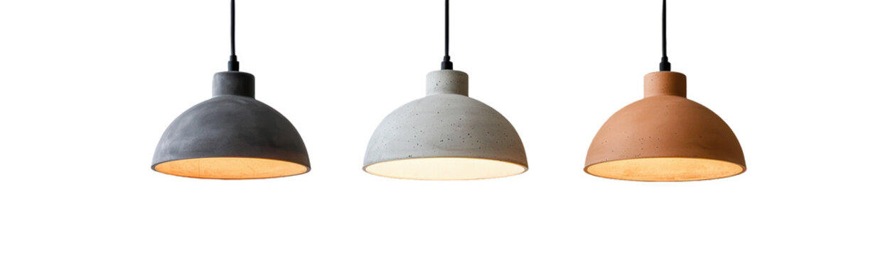 Set of three industrial-style pendant lights in black, gray, and terracotta. Each light features a minimalist design, ideal for modern interiors. Isolated on transparent background, png.
