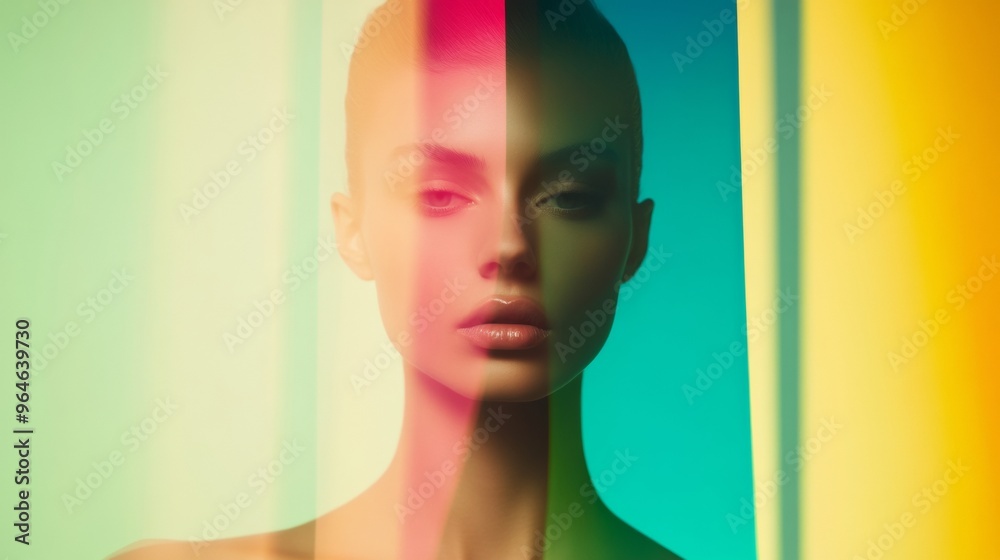 Poster abstract fashion portrait with blurred multicolored background and symmetrical composition in vibran