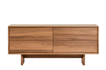 Modern wood cabinet featuring four drawers and a minimalist design. The natural finish and sleek structure make it a functional and elegant storage solution. Isolated on transparent background, png.