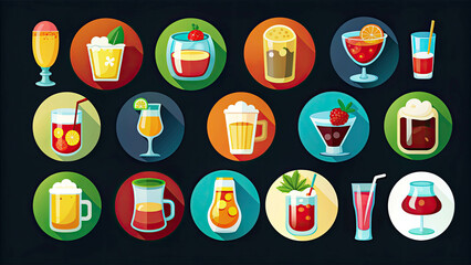 Illustration of various colorful alcoholic drinks in different types of glasses, beer, cocktails and mugs,
