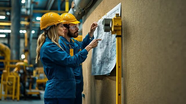 In an industrial setting, two factory workers are looking over intricate blueprints that are tacked to a corkboard and talking about key features of the technical drawings.