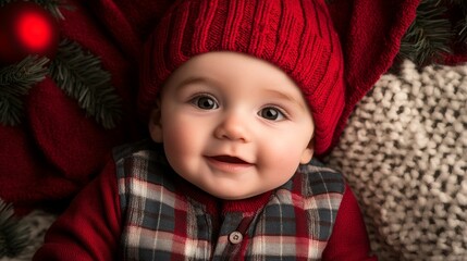 A joyful baby in a red knit hat smiles warmly, surrounded by festive decorations, evoking a cozy holiday spirit.