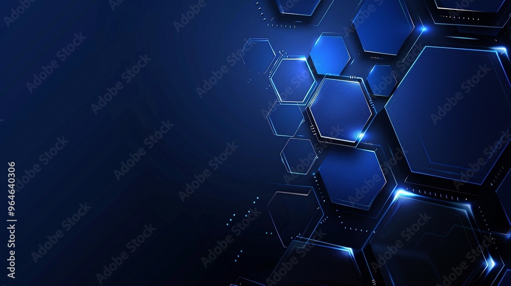 Poster futuristic hexagonal grid pattern glowing with blue light, creating a digital tech effect.