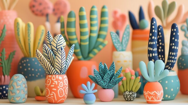 Whimsical Fimo clay plants in a retro color scheme, with abstract shapes and delicate details, set on a background with soft, warm hues