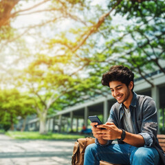 Obraz premium Smiling Young Bangladeshi Man Using Smartphone While Relaxing on a Park Bench in Sunny Green Environment