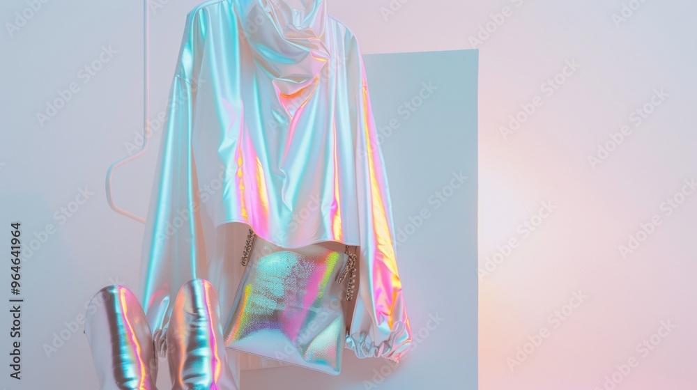 Poster minimalist futuristic fashion ensemble with holographic and metallic elements on soft background