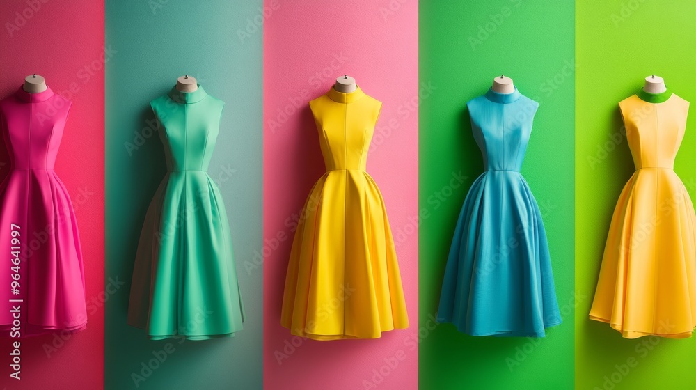 Poster vibrant multicolored dresses on mannequins against colorful backgrounds with even spacing and soft s