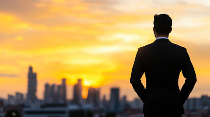 Fototapeta premium A businessman silhouette gazes at city skyline during vibrant sunset, reflecting on opportunities and aspirations.