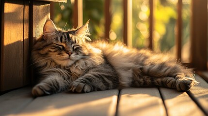 A fluffy cat lounging peacefully in warm sunlight on a wooden deck.