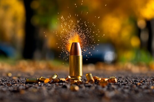 Bullet casing smoking as it falls to the ground, the aftermath of a powerful shot fired in a target practice session