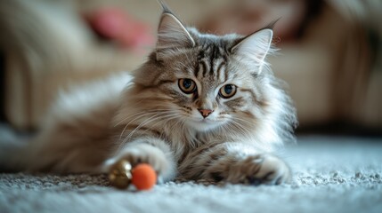 Obraz premium A fluffy cat playing with a small orange ball on a soft carpet.