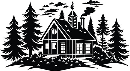 Beautiful attractive and cozy forest house silhouette illustration black and white