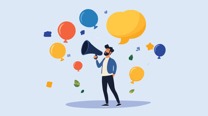 Communication or PR, Public Relations manager to communicate company information and media, announce sales or promotion concept, businessman holding speech bubble balloons while talking on megaphone.