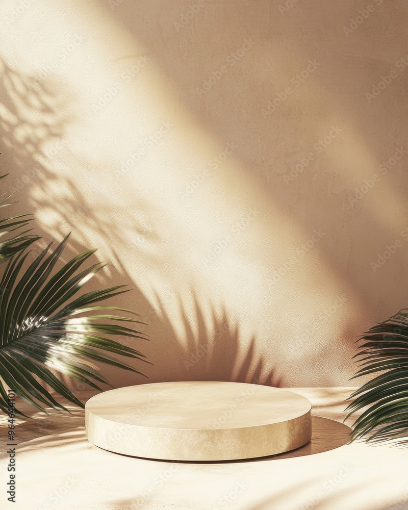 Aufkleber minimalist eco-friendly podium mockup in serene indoor setting with soft green leaves and diffused w