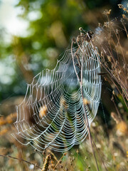 Spinnweben Netz im Feld mit Tautropfen