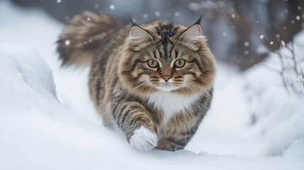 A fluffy cat walking through the snow, showcasing its fur and curious expression.