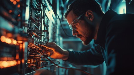 A man in a lab coat is working on a sever computer. He is wearing safety goggles and he is focused on his task
