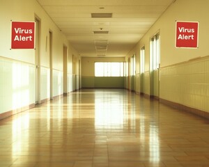 Fototapeta premium Empty School Corridor with Virus Alert Signs Reflecting Disrupted Education During a Viral Outbreak at Daytime