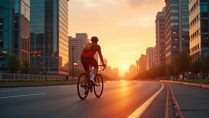Fototapeta premium Cyclist navigating through futuristic city at sunrise dynamic composition highquality image