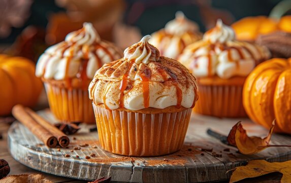 Delicious Pumpkin Spice Cupcakes with Caramel Drizzle and Whipped Cream