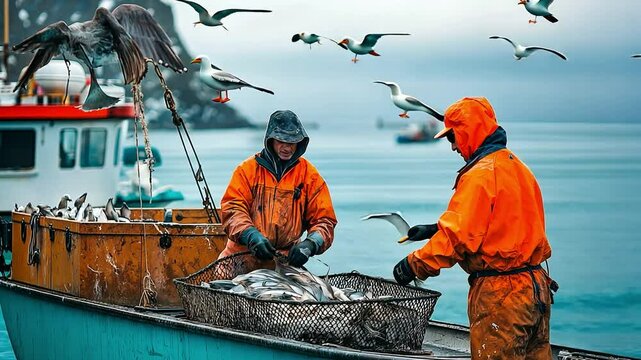 A pair of fisherman wearing orange gear load newly caught fish onto a boat as gulls soar overhead the crystal-clear blue waters.