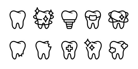 Dental tooth care icon set. Teeth health vector illustration collection. Dentistry medicine symbol. Oral hygiene sign. Teeth whitening pictogram. Broken tooth concept.